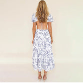 Blue Floral Print Cut Out Midi Backless Dress